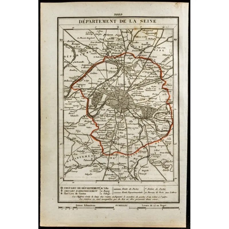 Carte gravée ancienne du département de la Seine : Paris au centre, entouré d'un liseré rouge qui englobe les communes voisines, de Nanterre à Vincennes et de Saint-Denis à Villejuif.