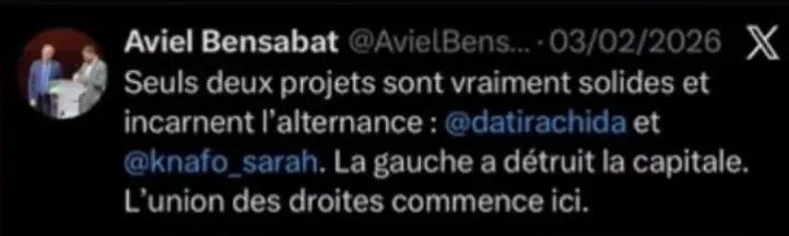 Message publié sur X par Aviel Bensabat le 3 février 2026 : il soutient deux candidates à Paris et conclut « L'union des droites commence ici ».