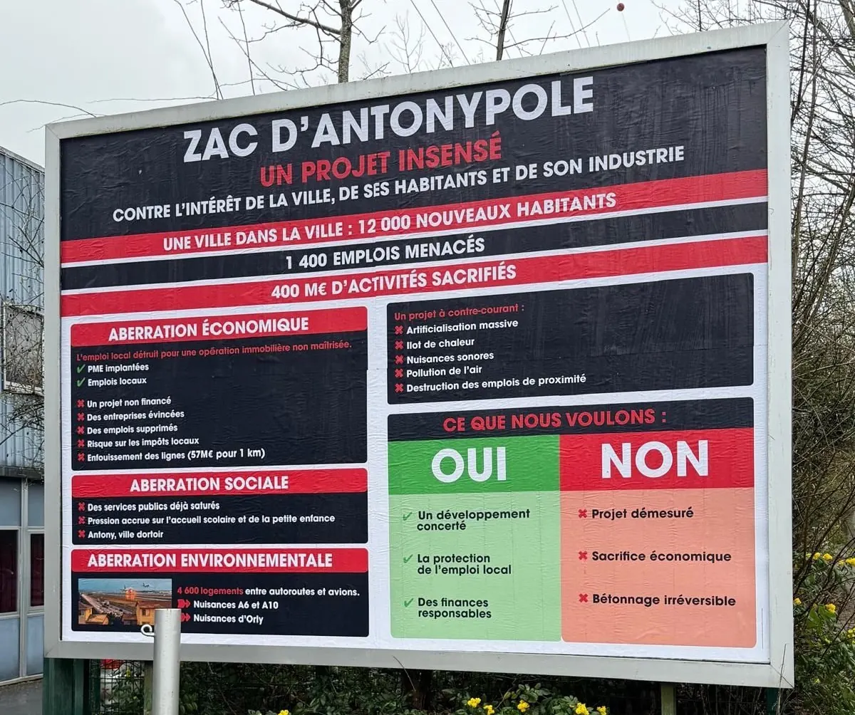 Grand panneau « ZAC d'Antonypole, un projet insensé » : 12 000 nouveaux habitants, 1 400 emplois menacés, 400 M€ d'activités sacrifiés, puis les aberrations économique, sociale et environnementale et un tableau oui/non.