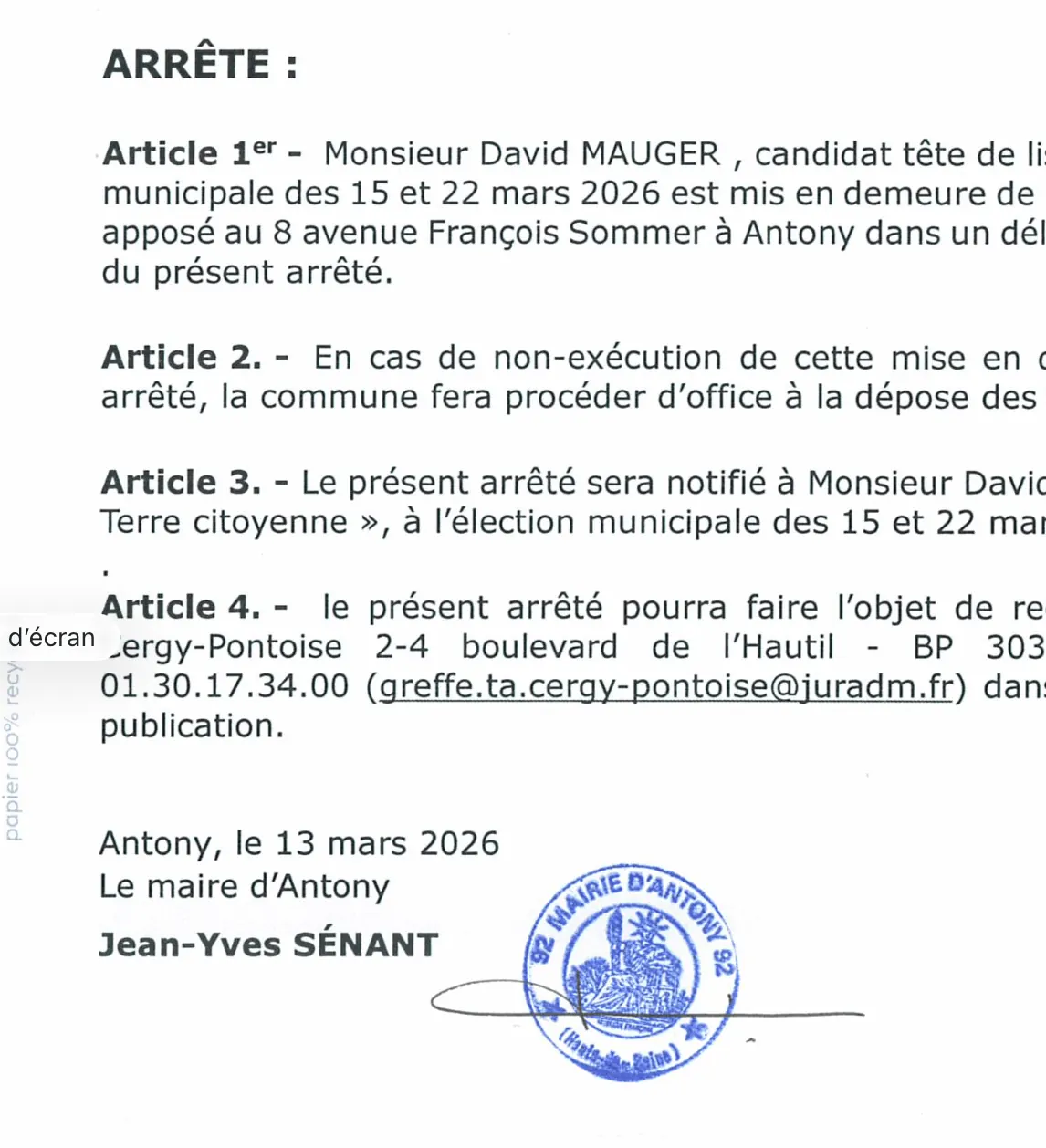 Arrêté du maire d'Antony daté du 13 mars 2026, signé et tamponné : il met en demeure David Mauger, tête de liste, de retirer un affichage au 8 avenue François Sommer.