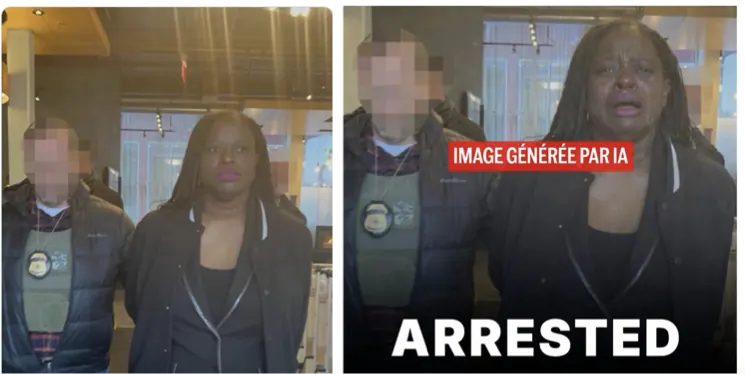 Deux versions d'une même photo d'arrestation : à gauche, une femme au visage neutre près d'un agent flouté ; à droite, la version retouchée où elle pleure, barrée « Arrested » et marquée « Image générée par IA ».
