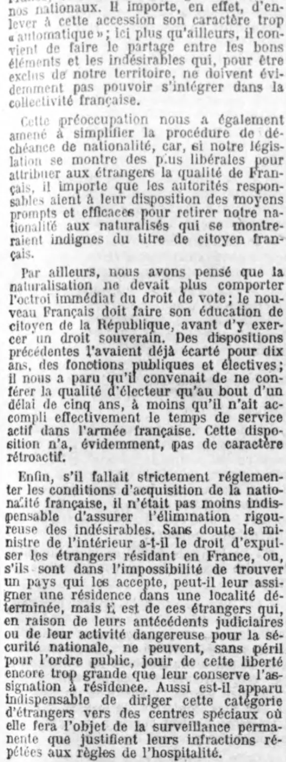 Extraits du Journal Officiel du 12/11/1938, introduisant les articles de loi visant les étrangers.