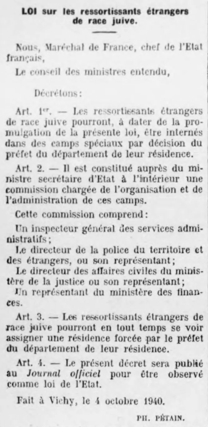Extraits du Journal Officiel du 3/10/1940