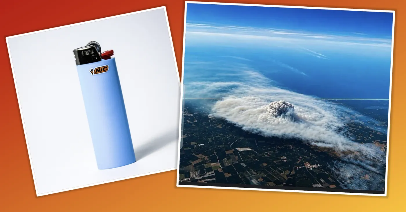 Un briquet et un panache de fumée d'incendie vu du ciel