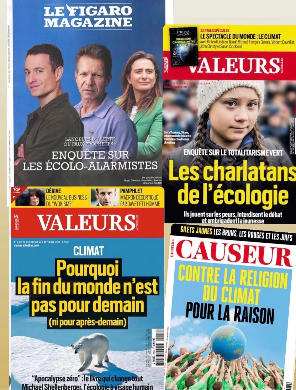 Le genre a sa presse. “Lanceurs d'alerte ou faux prophètes ?”, “Les charlatans de l'écologie”, “Contre la religion du climat” - et en couverture de Valeurs actuelles, dès 2019, mot pour mot la formule qui servira au Premier ministre en 2026 : “Ils jouent sur les peurs”.