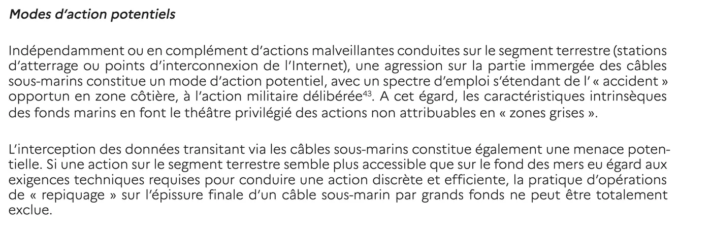 Extrait d'un rapport, section « Modes d'action potentiels » : une agression sur la partie immergée des câbles est envisagée, et le « repiquage » d'un câble par grands fonds « ne peut être totalement exclu ».