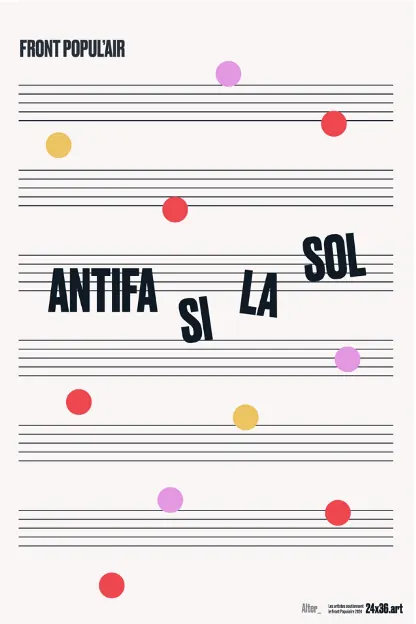 Affiche « Front popul'air » : sur des portées musicales parsemées de notes colorées, les mots « Antifa si la sol » montent comme une gamme.