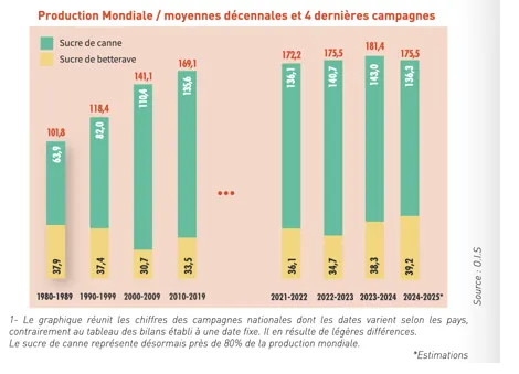 Histogramme de la production mondiale de sucre, en millions de tonnes : de 101,8 dans les années 1980 à 175,5 en 2024-2025 ; le sucre de canne en fournit l'essentiel, la betterave restant entre 30,7 et 39,2.