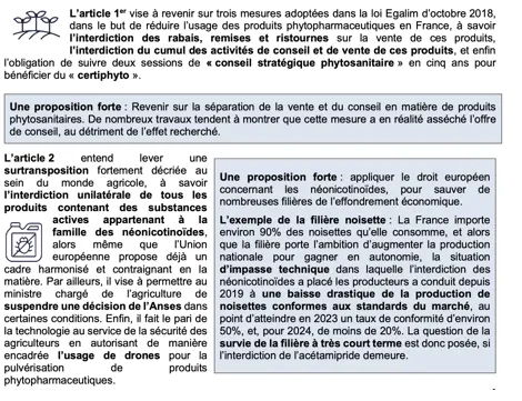 Extrait d'un document de la commission des affaires économiques présentant les articles 1 et 2 de la loi : séparation du conseil et de la vente de pesticides, levée de la « surtransposition », néonicotinoïdes, drones et exemple de la filière noisette.