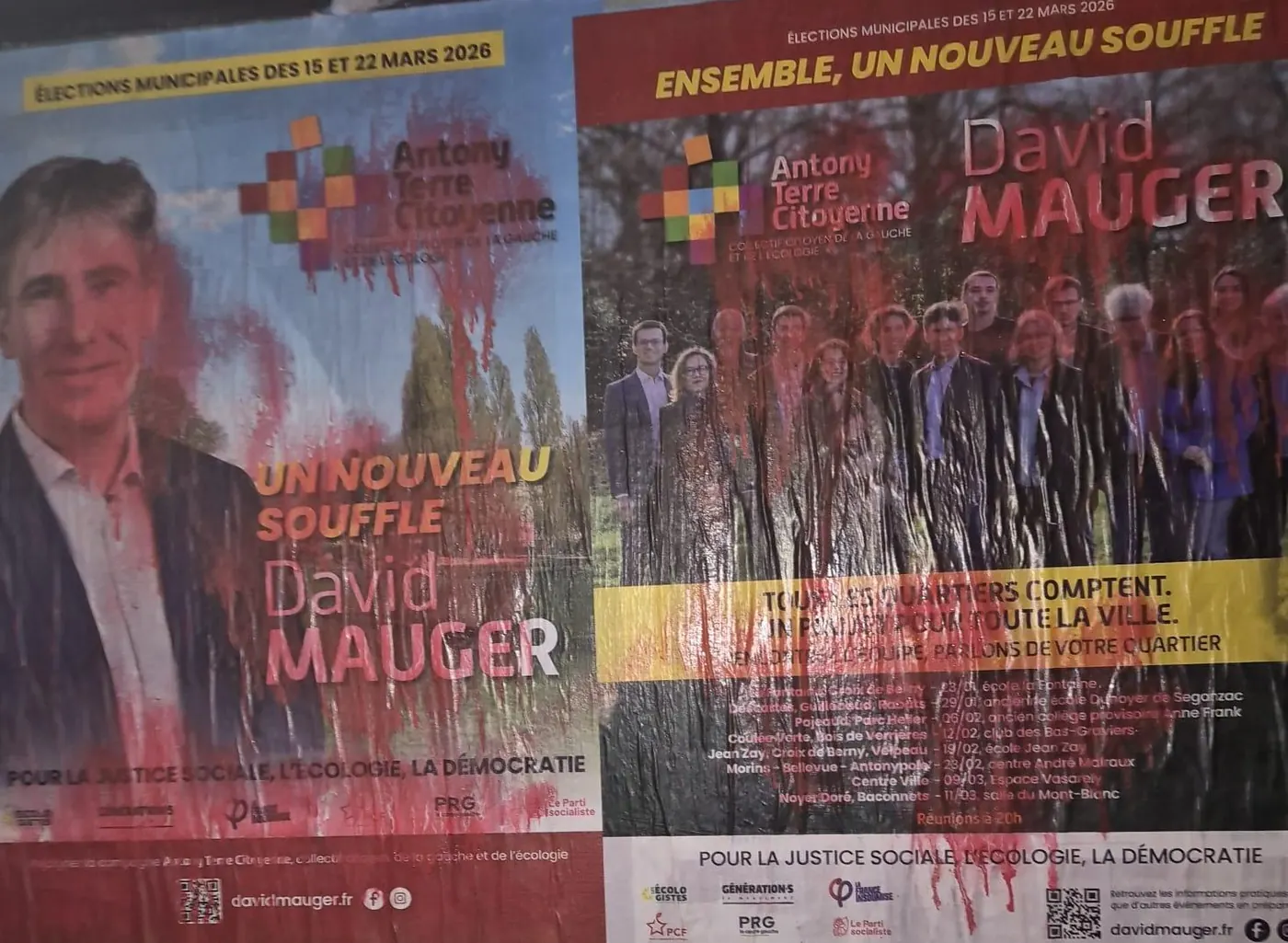 Deux affiches de campagne d'Antony Terre Citoyenne pour David Mauger, aux municipales des 15 et 22 mars 2026, dont la photo du candidat et celle de l'équipe sont maculées de peinture rouge.