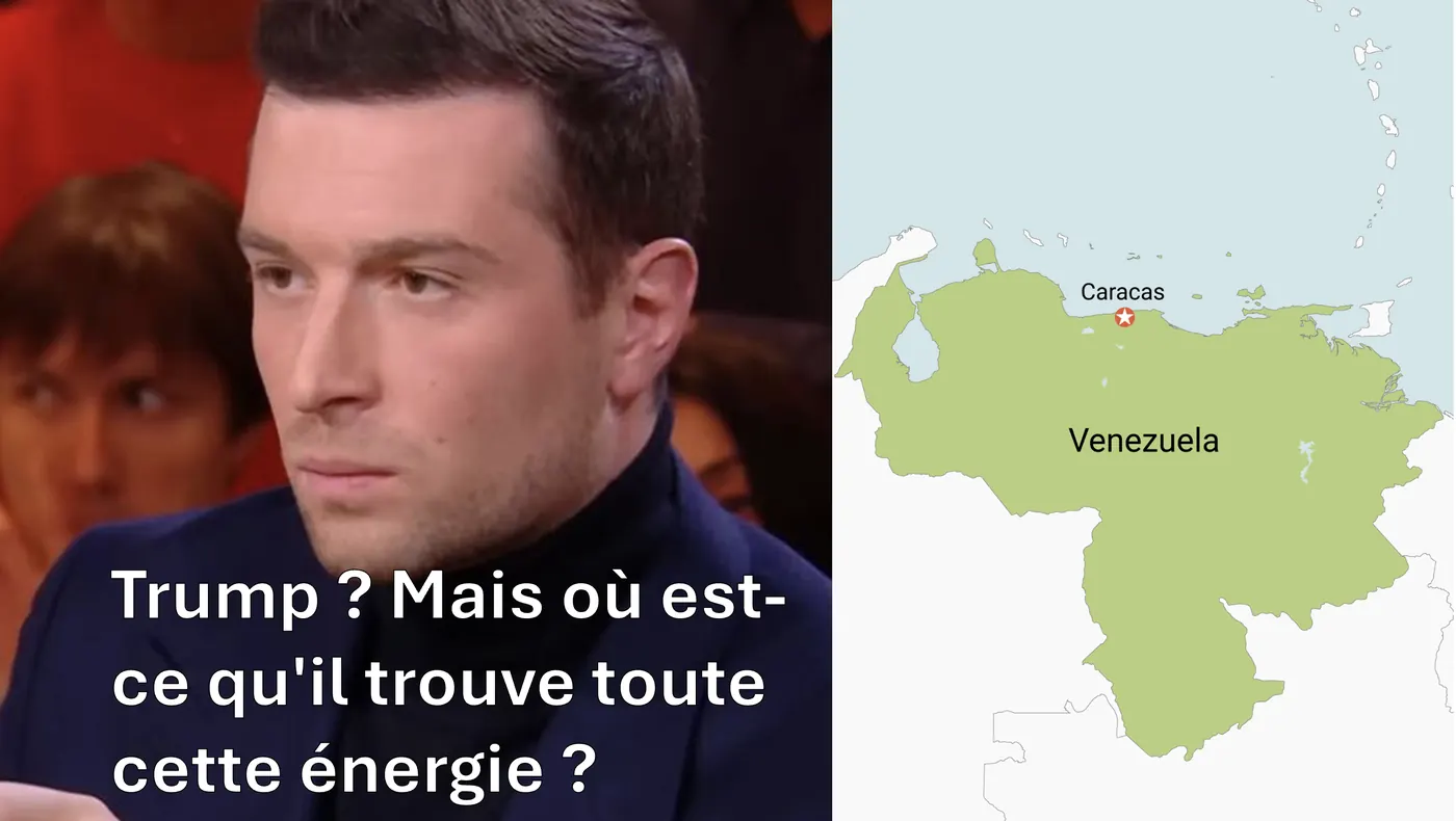 Montage en deux parties : à gauche, un homme en col roulé sur un plateau de télévision, sous la phrase « Trump ? Mais où est-ce qu'il trouve toute cette énergie ? » ; à droite, une carte du Venezuela avec Caracas.